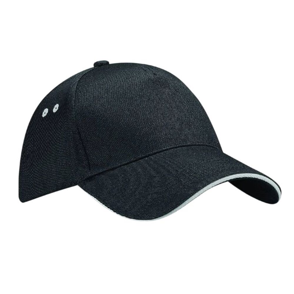 Beechfield 5 Panel Sandwich Peak Baseball Cap / Black/Light Grey